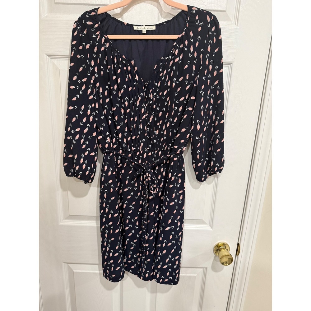 Daniel Rainn Navy Pink Floral Tulip Print Pleated V-Neck Dress Braided Belt M